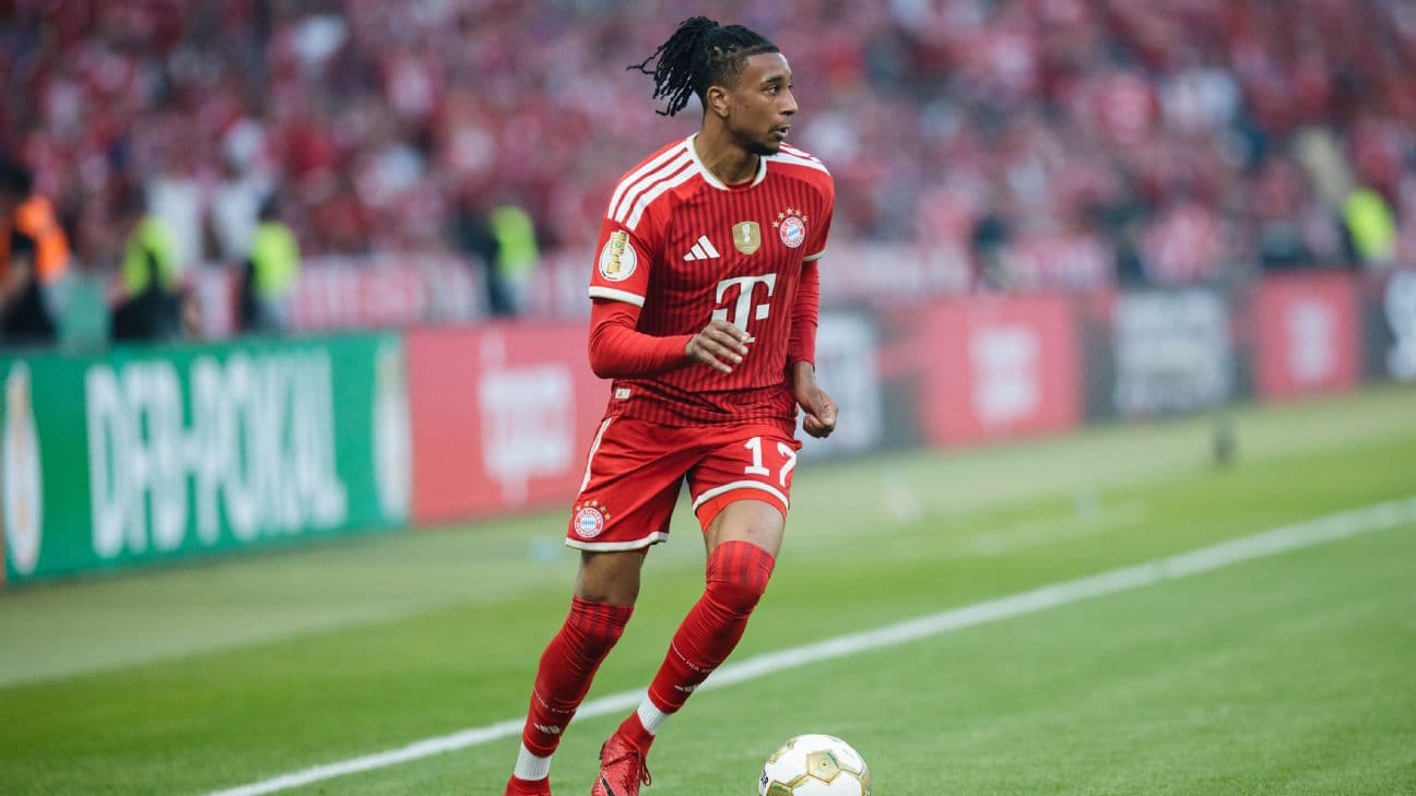 Michael Olise of FC Bayern Munich runs with the ball during the DFB Cup Final 2026 match between FC Bayern MÃ¼nchen and VfB Stuttgart at Olympiastadion on May 23, 2026 in Berlin, Germany.